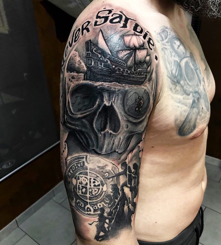 New tattoo The skull from the goonies wearing the crown from game of  thrones being pierced by narsil from lord of the rings with the power of the  deathly hallows from Harry