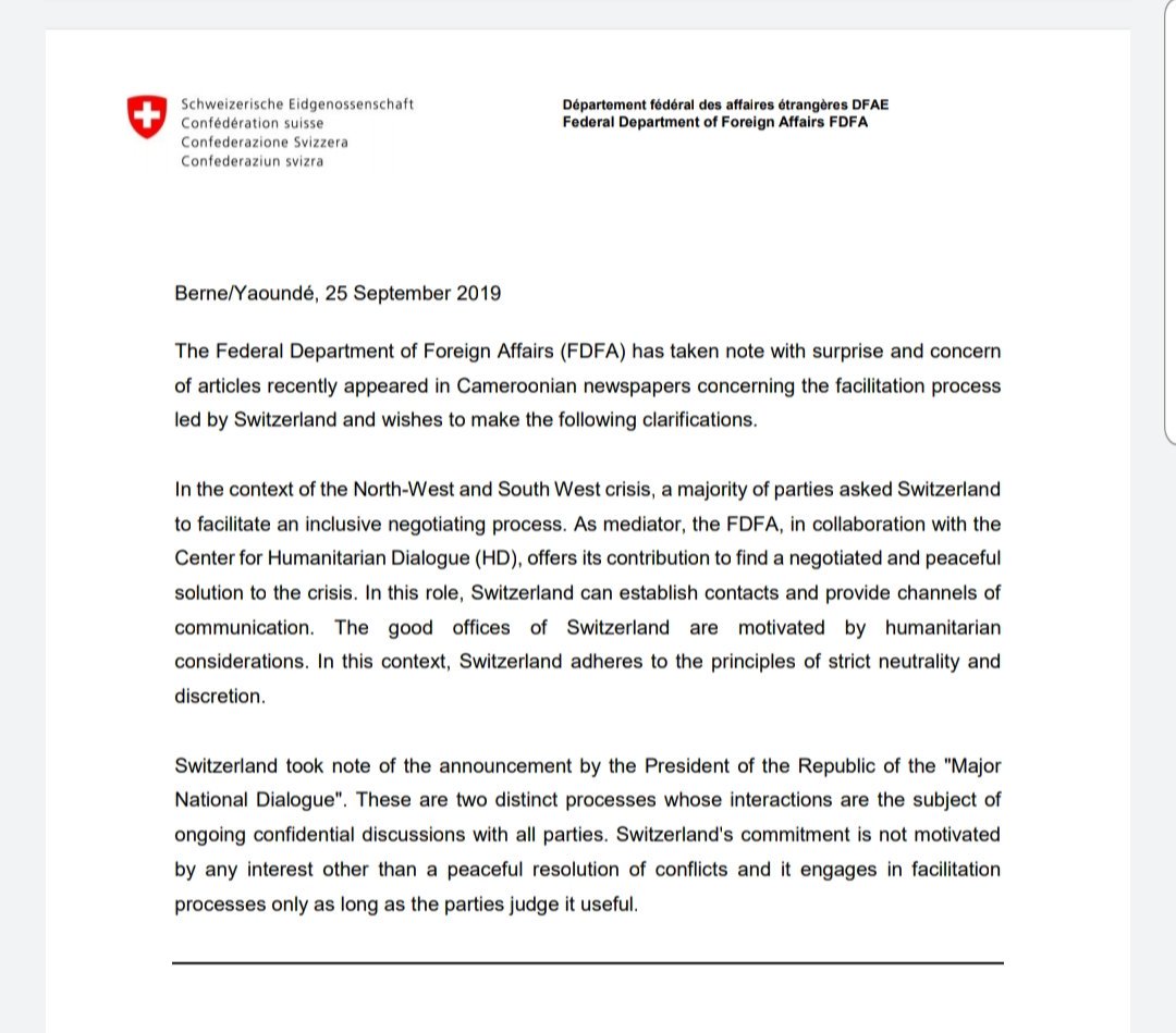 The Swiss foreign ministry reacts to accusations by pro-govt tabloids that  #Switzerland is trying to scuttle the "Grand Dialogue National"  #cameroon  #AnglophoneCrisis  #AmbazoniaConflict