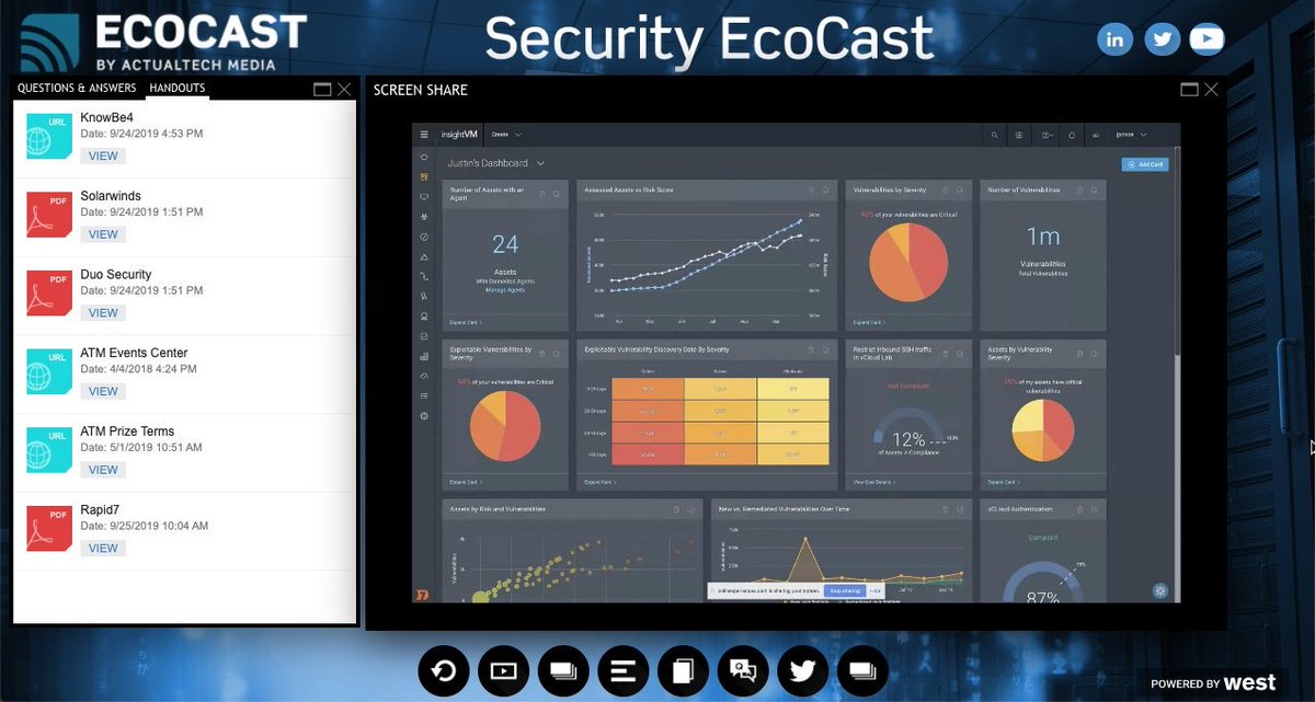 davidmdavis's tweet photo. Live demo of the @Rapid7 InsightVM vulnerability management tool now in progress on the @actualtechmedia #SecurityEcoCast ! (I love the UI, by the way!) https://t.co/Ar93wu5ZXv