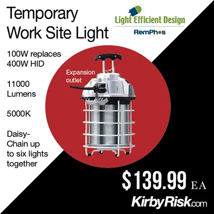 KirbyRisk's tweet image. Need temporary lighting built construction tough? Try Temporary Work Site Lights from Light Efficient Design. 100W replaces 400W HID. With 35 ft. integrated power cord. Find out more at okt.to/rYxfju @LEDforHID #KirbyRisk #LEDs #temporarylighting #jobsitelighting