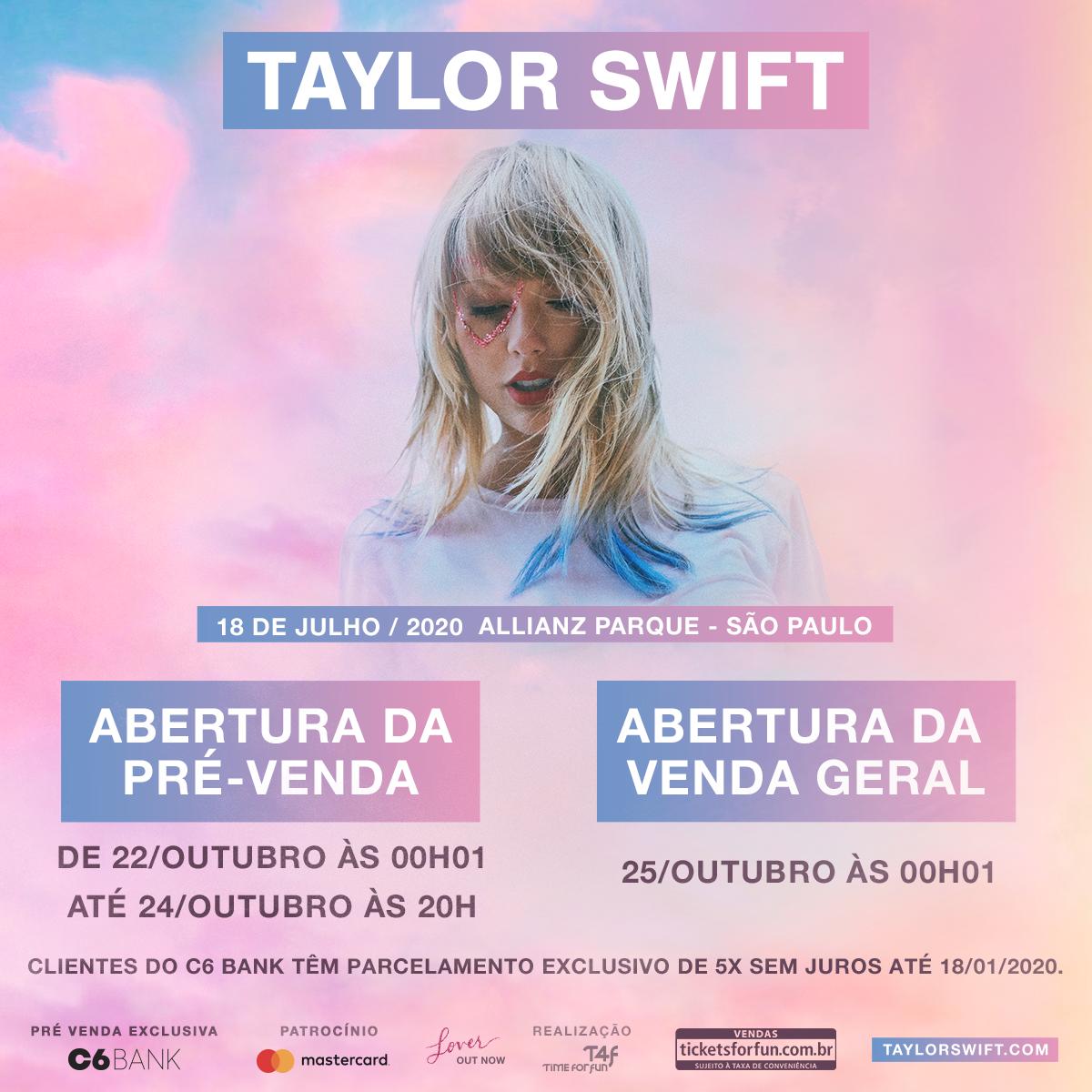 Chamando todos os swifties! No mês que vem você poderá reservar o seu lugar no show da Taylor Swift no Allianz Parque, em São Paulo. A pré-venda começa em 22 de Outubro às 00h01 até 24 de Outubro às 20h, e a venda geral acontece às 00h01 do dia 25 de Outubro.  #TaylorSwiftBrasil