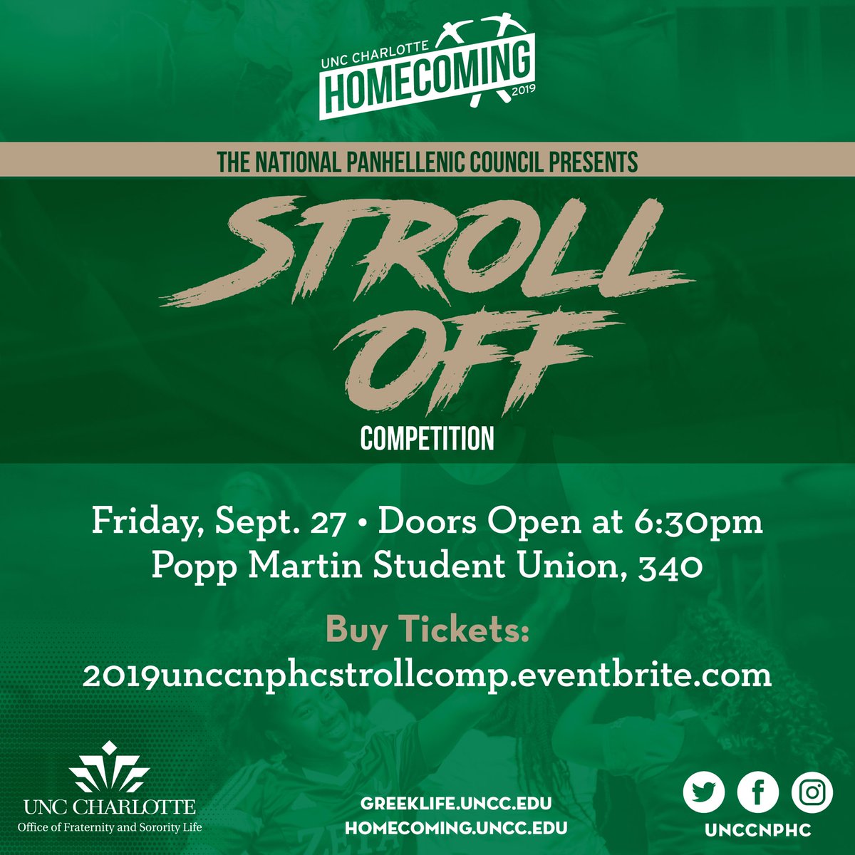 CLTGoGreek's tweet photo. Time is running out to get your tix for the @UNCCNPHC @UNCCHomecoming #StrollOff!! Under 100 tickets left to be sold!! https://t.co/GDvDuYgmoU @themutauchapter @ez_ques @RhoGammaSigmas @IotaRho1972 @Upsilon_Xi @NuRhoPoodles @KappaKappa_AKA https://t.co/HYUgKfr8pX