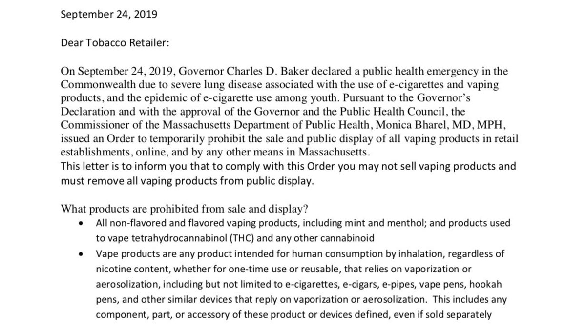 Letter to Tobacco Retailers from DPH re: vape sales