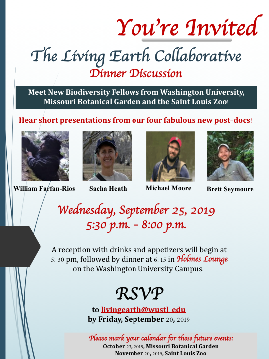 W_FarfanRios's tweet photo. Looking forward to meeting the St Louis scientific community at the #LivingEarthCollaborative dinner discussion @sachaheath @brett_seymoure @moore_evo_eco @JLosos @jamyersecology @jstello_geoecol https://t.co/6BiEGLlmCf