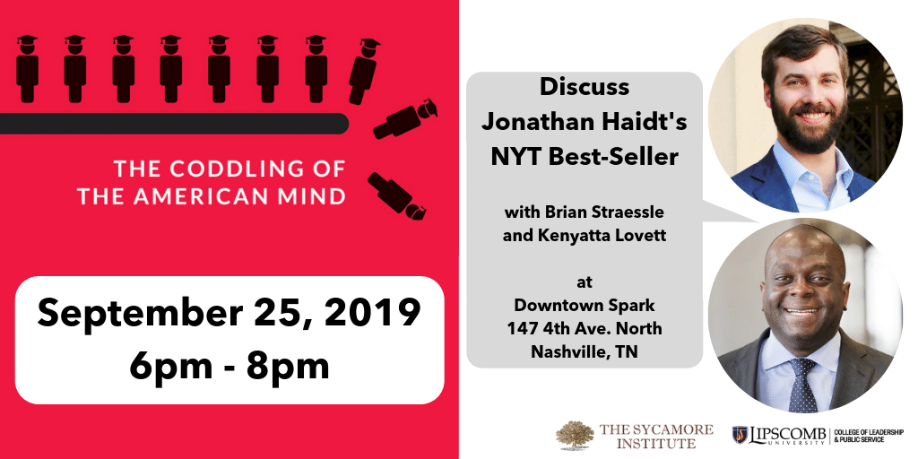 LipscombCLPS's tweet photo. Tonight we're hosting our discussion on "The Coddling" by @JonHaidt with @SycamoreTN, &amp; next month Haidt will come to @lipscomb for the Don R. Elliott Presidential Lectures Series. To reserve a seat, click here: https://t.co/e7vzrCwRRV
#LipscombCOLPS 
#WhereTNTurnsforLeadership https://t.co/BYDyE0c36t
