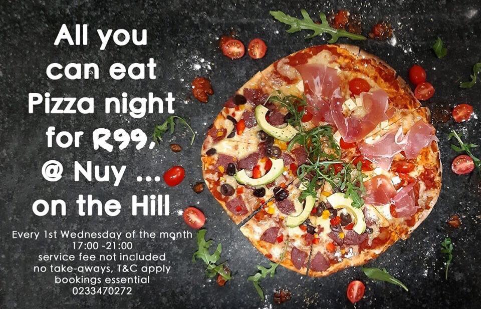 Every first Wednesday of the month we will have our ALL YOU CAN EAT PIZZA nights, starting Wednesday 2 October 2019 at Nuy on the hill
T&amp;C apply.
Bookings essential - 023 347 0272 or onthehill@nuywinery.co.za 🍷🍕

#allyoucaneat #pizza #wine #winewednesday
