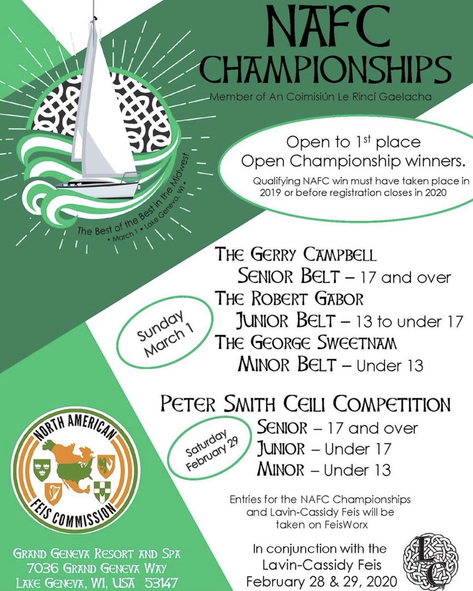 Info on the North American Feis Commission to be held February 28/29 in Lake Geneva, WI #NAFCchampionship #irishdance #feistweets.