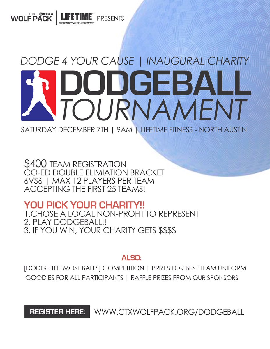 REGISTER NOW! 
➡️ctxwolfpack.com/dodgeball

1. Pick your own non-profit to represent!

2. Play dodgeball!

3. Proceeds and prizes go to🥇🥈🥉 teams and their non-profits! 

#Texas #Austin #ATX #NPSFL #FirstResponders #PublicSafety #Charity #Football #Dodgeball