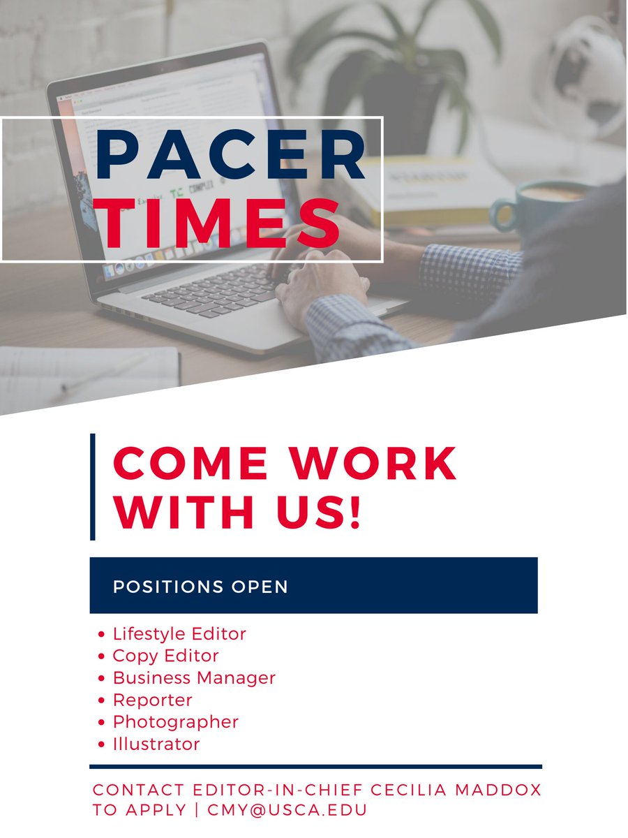 Pacer Times is hiring! We have several paid positions open and we want you!

Working on our staff is an excellent resume builder and can provide experience that is applicable in many career areas.
#usca #uscaiken #uofscaiken #studentjournalism #pacertimes