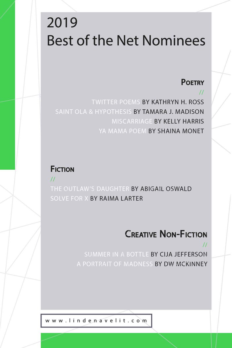 LindenAveLit's tweet photo. Congratulations to our nominees for Best of the Net 2019! 💚💚💚

@storytellerkath @TamaraJMadison @khdpoetry @shainamonet @thefirstabigail @raimalarter @cijasquips @thedwmckinney https://t.co/GyJsZEiY6D