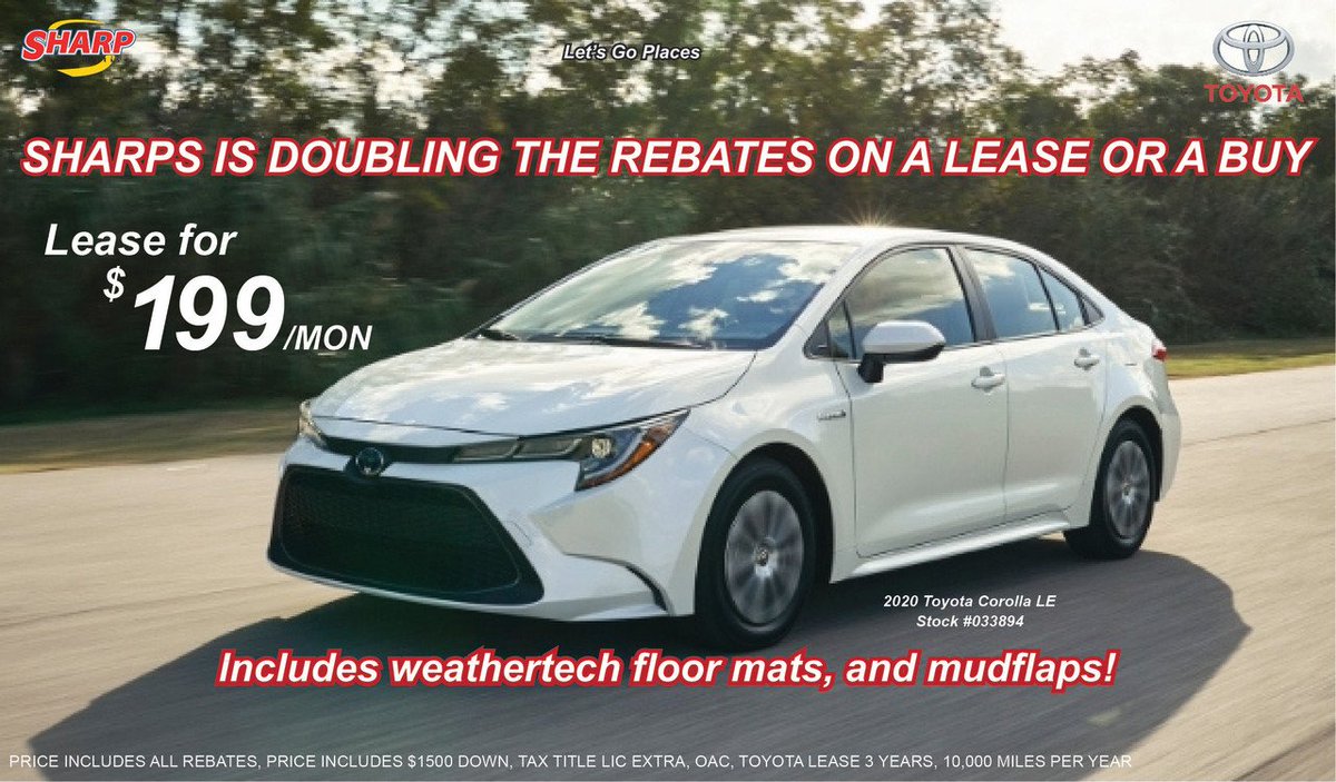 toyotasharp's tweet photo. Just a few days left to double up on  Sharp Automotive rebates on in-stock 2019 Toyota Corolla leases, plus giving you free weathertec floor mats and mudflats during the month of Sept.! Stop in for a test drive and complete details today! https://t.co/TzgwQdofYE