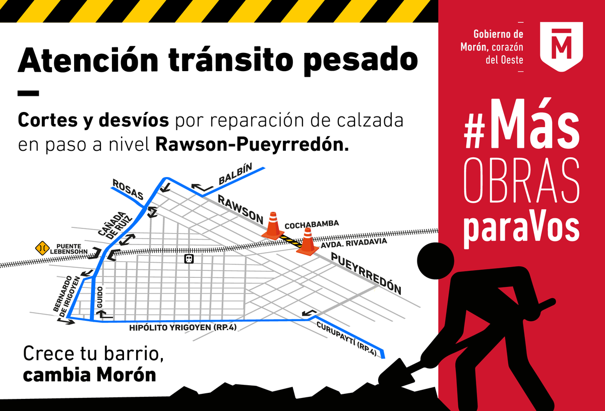 munimoron's tweet photo. 🚧 INFORMACIÓN IMPORTANTE 🚧

Por obras de Ferrocarriles Argentinos, este jueves 26 y viernes 27/9 de 8 a 12h, el paso a nivel de Rawson-Pueyrredón permanecerá cerrado. Mirá el mapa con los caminos alternativos para el tránsito pesado: https://t.co/f8icRn1bBA