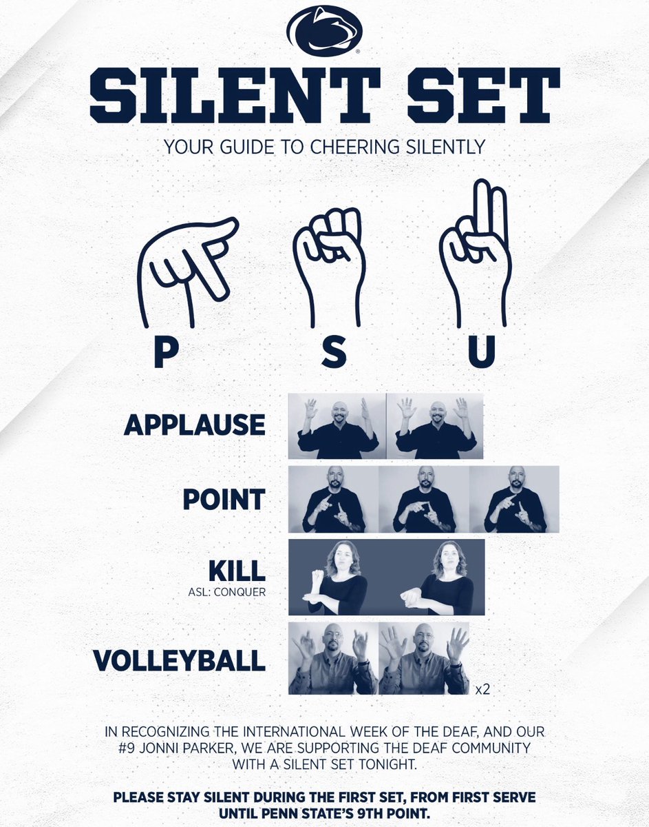 darrenrovell's tweet photo. The Penn State Volleyball team has a student-athlete who has moderate hearing loss and a team manager who is deaf, so the Nittany Lions are asking fans to be silent for the first 9 points of their match tonight, a Silent Set, to support the week of the Deaf. https://t.co/crRLwarZ6q