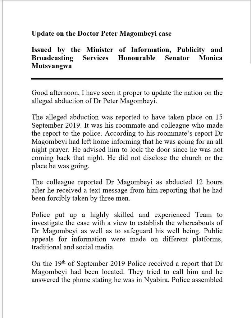 2018Team's tweet photo. The full statement as delivered by #MIPBS Hon Monica Mutsvangwa, giving an update on Dr Peter Magombeyi's case https://t.co/oZtDgO18xr