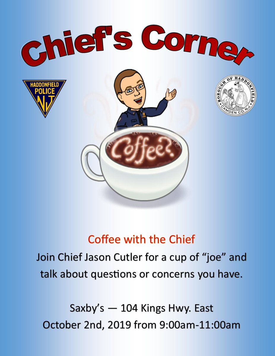Come to Saxby's Coffee on 10/2/19 from 9am to 11am for National Coffee with a Cop Day...……..