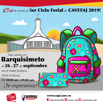 CorporacionCapi's tweet photo. Mañana llega a Barqusimeto La Feria Cavefaj 2019, Durante los días Jueves 26 y Viernes 27 de Septiembre, desde las 10:00 am hasta 9:00 pm en el Salón Jirahara del Hotel Jirahara ¡No esperes más! Ven y Acompáñanos! #CapiMeHaceFeliz #CorporaciónCapi #Barquisimeto #FeriaCavefaj https://t.co/TDRn7oE4aH