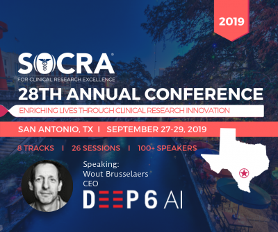 I'm headed to the <a href="/SOCRAnow/">SOCRA</a> annual conference in San Antonio this weekend to talk about how natural language understanding is improving clinical trial recruitment. 

Come see me talk at 9:20am on Saturday or schedule a time to meet the team:

bit.ly/2lArRfe

#SOCRA2019