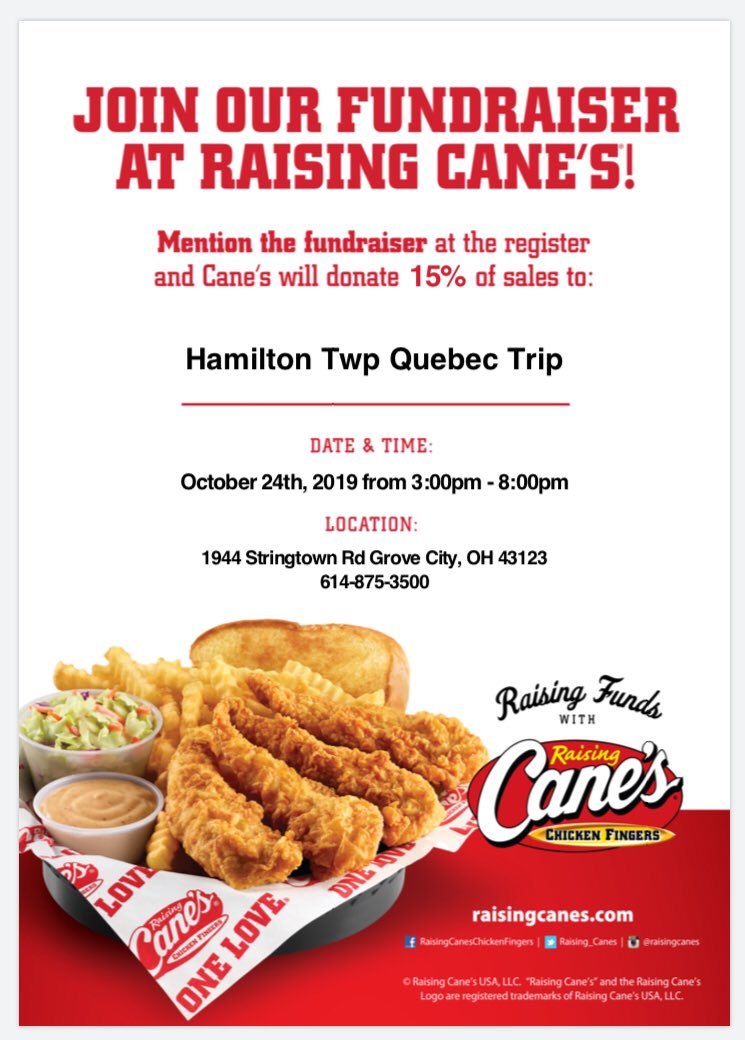 HtBonjour's tweet photo. We’re having a 2020 Québec trip fundraiser! Oct 24, 3-8pm at Raising Cane’s in Grove City! Venez manger du poulet! 🍗 🇨🇦 ❤️ https://t.co/TMuR8EA7EQ