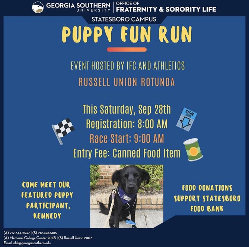 We’re partnering with <a href="/GSAthletics/">Georgia Southern Athletics</a> for our Puppy Fun Run this Saturday, Sept. 28th! Join us for puppies, fun, vendors, and more! Entry fee is just a canned food item donated to the Statesboro food bank! #RealEaglesDontHaze