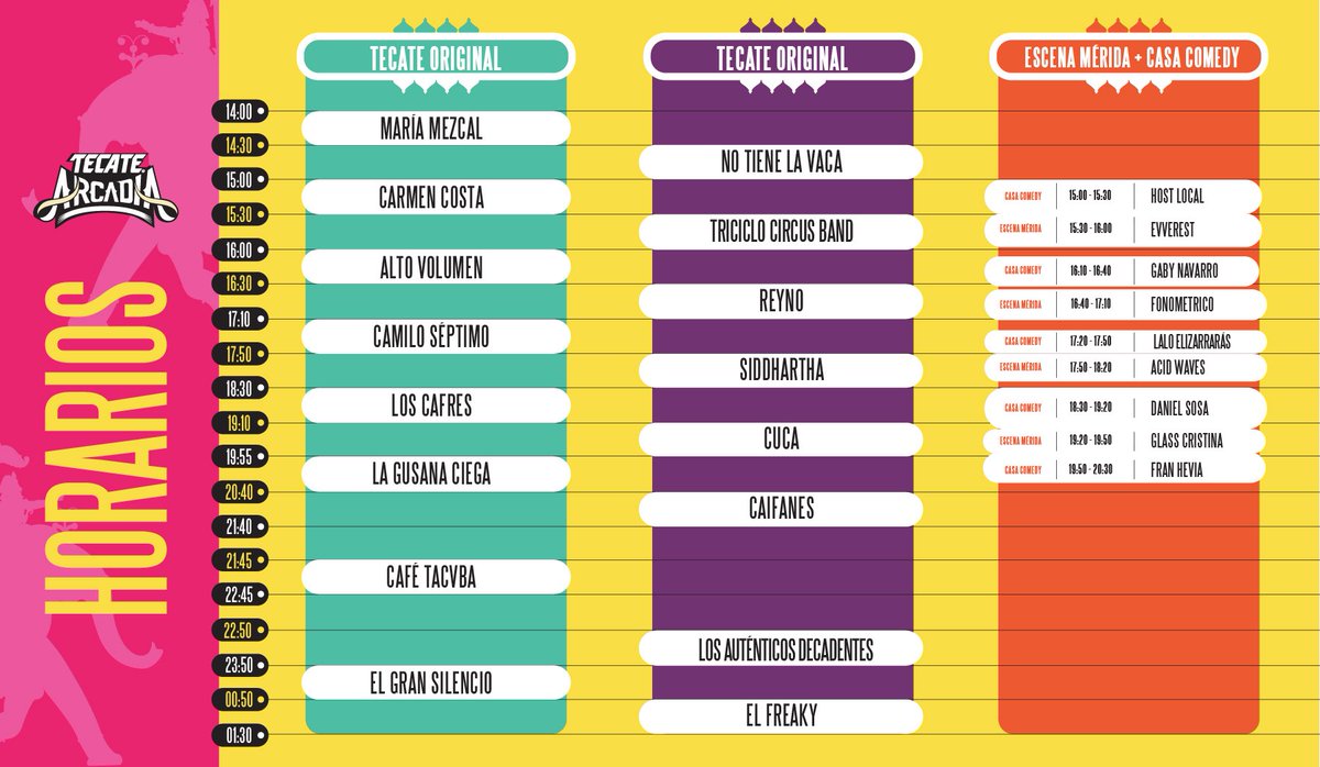Después de... ¿Ya tienen los horarios?¿Cuándo salen los horarios? 🙄 ¡Por fin están aquí! #TecateArcadia🐘

Recuerda comprar tus boletos en <a href="/eticket/">ETICKET</a> o el algún punto de venta