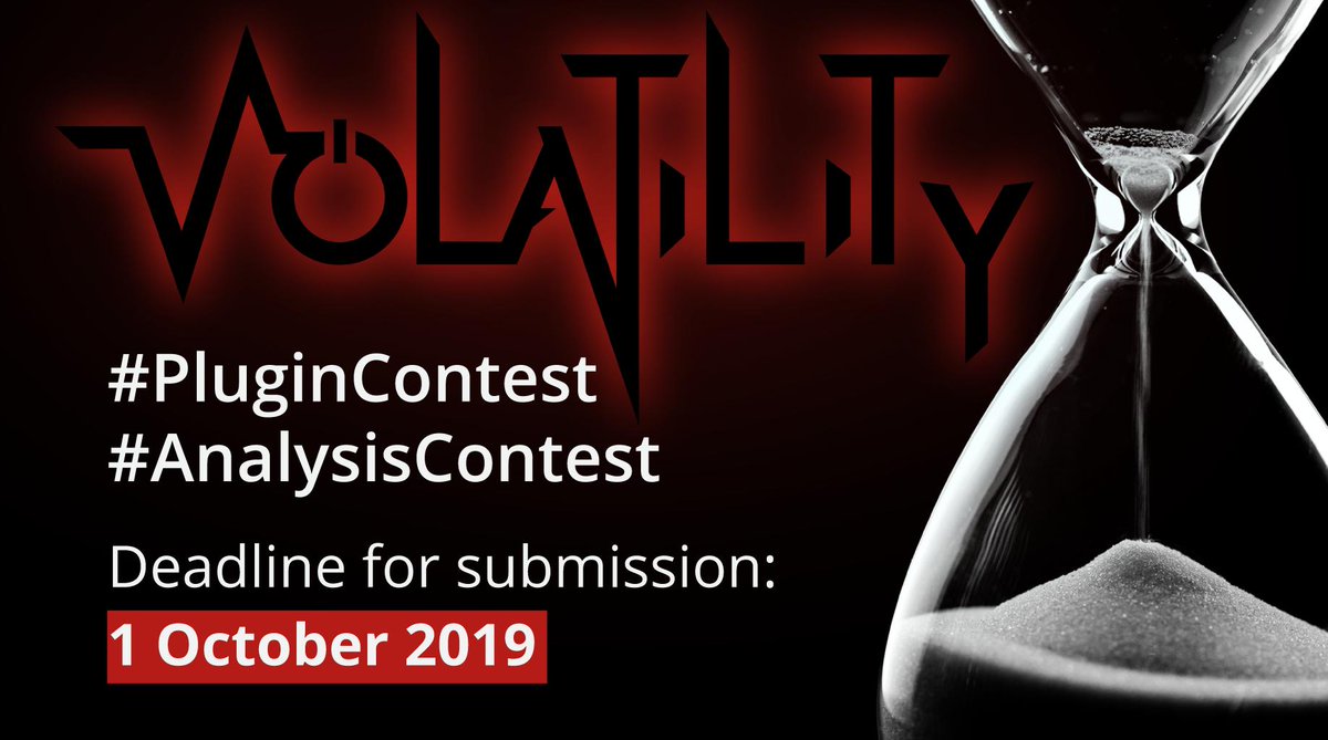 volatility's tweet photo. The deadline for this year's @volatility #PluginContest & #AnalysisContest is almost here! Submissions are due 1 October 2019. Learn more here:
https://t.co/GOmBVT2Rtv #DFIR https://t.co/ZMMGLNmXVH