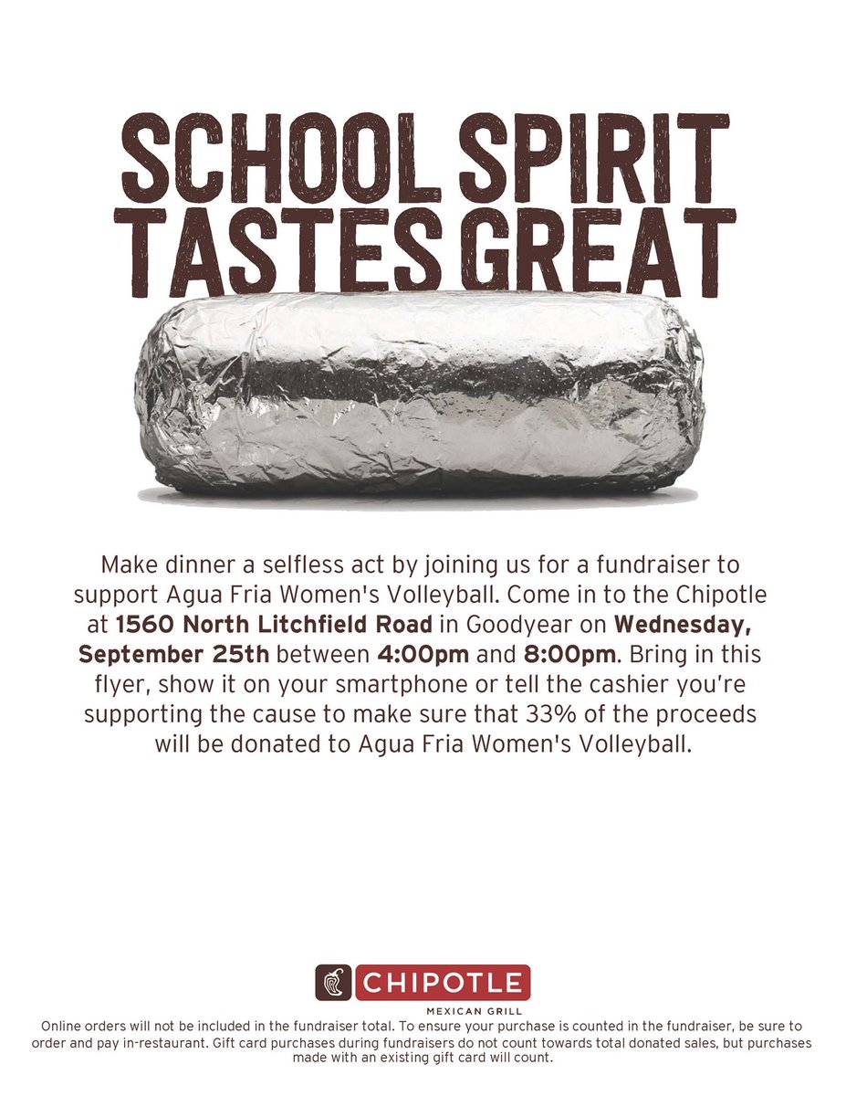 LadyOwlsVB's tweet photo. Come support the AFHS Volleyball Program tonight at Chipotle, 4-8 pm. Mention Agua Fria and the program gets 33% of all proceeds. 1560 N Litchfield Road #BeAnOwl https://t.co/Gyytt6rXUX