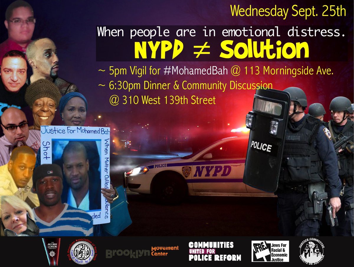 JFREJNYC's tweet image. Killings of #MohamedBah #DeborahDanner #ArielGalarza, #DwayneJeune #KawaskiTrawick #GidoneBusch and too many others demonstrate that the NYPD should not be deployed to respond to those who need health services. 

Join us tonight.