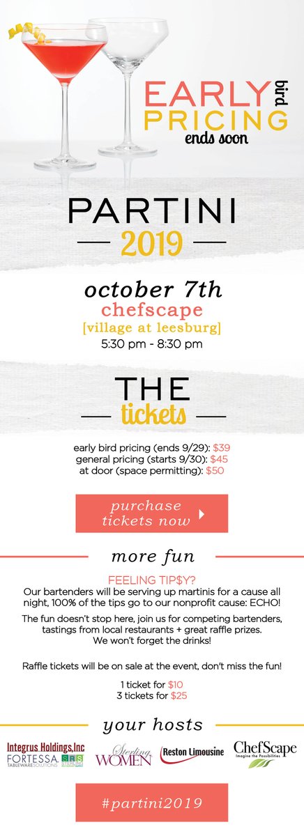 ECHOLeesburg's tweet photo. Early bird pricing ends soon! Come support ECHO on October 7th. The early bird gets to Partini... #Partini2019 https://t.co/W2GQucVCZQ