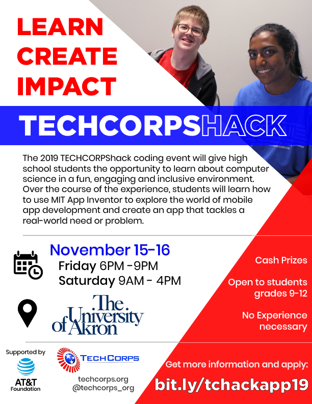 techcorpsus's tweet photo. There's about 2 weeks left to apply! Don't miss your spot in this awesome event! No experience in tech needed. High school students, apply today at https://t.co/kp18osMzwy! #2019TCHack @ATTimpact #ATTOH @uakron @Capital_U @SinclairCC @ZaneStateC https://t.co/Tt5DCE4BFr