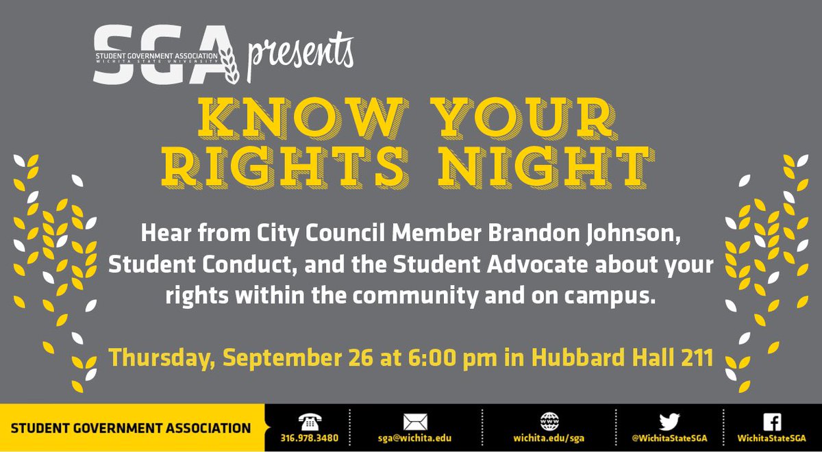 WichitaStateSGA's tweet photo. Know Your Rights Night is TOMORROW!!! We are really excited to welcome City Council Member Brandon Johnson onto campus to talk about our rights within the community. Additionally, Student Conduct and the Student Advocate will be discussing your rights as a student on campus! https://t.co/TNaCD8OnDv