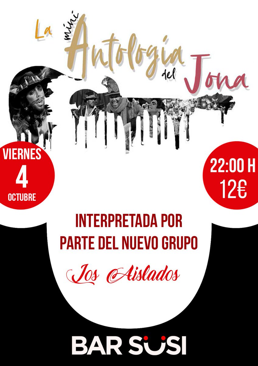 El próximo Viernes 4 de #Octubre estaremos con #LaMiniAntologíaDeJona en el #BarSusi de #Málaga.

Haz ya tu reserva: 618 035 858 📲