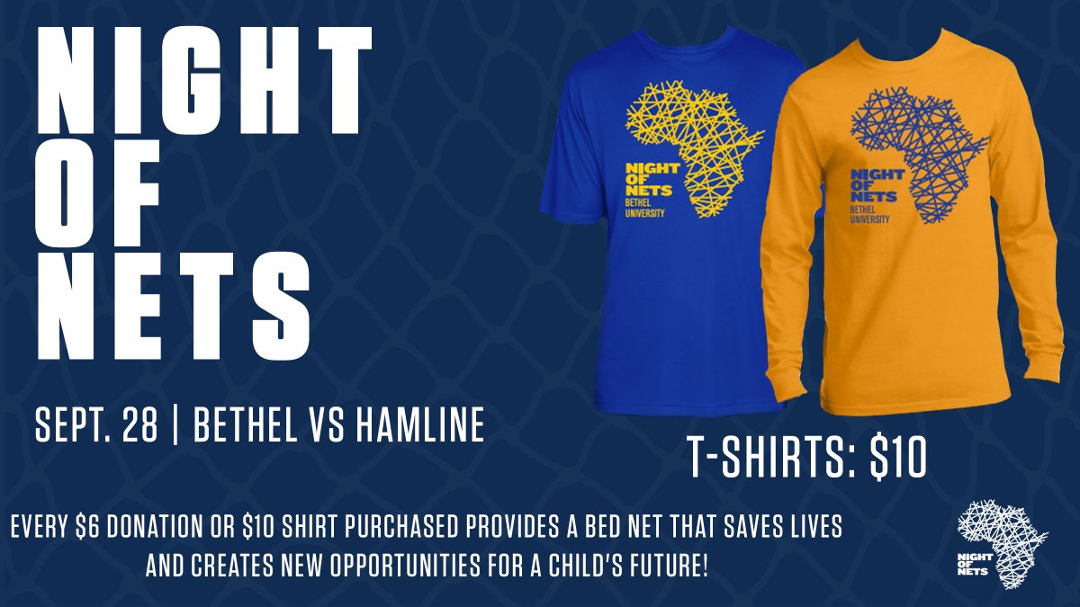 BethelRoyals's tweet photo. The #BURoyals women's soccer team will be hosting Night of Nets this Saturday against Hamline! Join us as we join the fight to end malaria. @bethelalumni @chiphuber will be on campus selling t-shirts Friday (in the DC area) and Saturday‼️

MORE INFO: https://t.co/no8QnBulDw https://t.co/ABHRNkf0jV