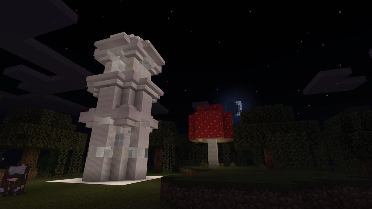 蒼壱 クリエのワールドは夜も寝ないので 夜に見て綺麗な景色を作りたくなる 光源ブロックは見えないように隠して 灯台みたいなの作れないかなぁってやってみた ハーフブロックは透過する統合版ならではかな Minecraft統合版 極ワールド