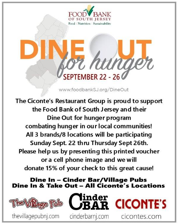 foodbankSJ's tweet photo. Don’t miss your chance to support #HungerActionMonth with #DineOut4Hunger at The Village Pub, Cinder Bar or Ciconte’s now until Thursday, September 26. Don’t forget your coupon – print out or show picture! https://t.co/Z7LVdOcKrc