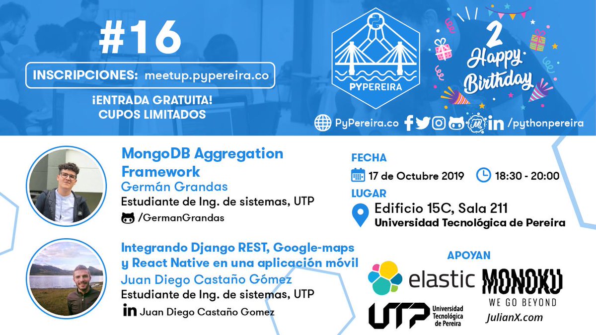 calidevco's tweet image. RT pyconcolombia "RT pythonpereira: 📣 Queremos invitarlos a la Reunión #16 de #PythonPereira donde celebraremos nuestro segundo aniversario!🎉
📌 Inscripciones: meetup.pypereira.co
Agradecemos a nuestros patrocinadores elastic monoku
julianxuran… https://t.co/0S8l6Mrgb9"