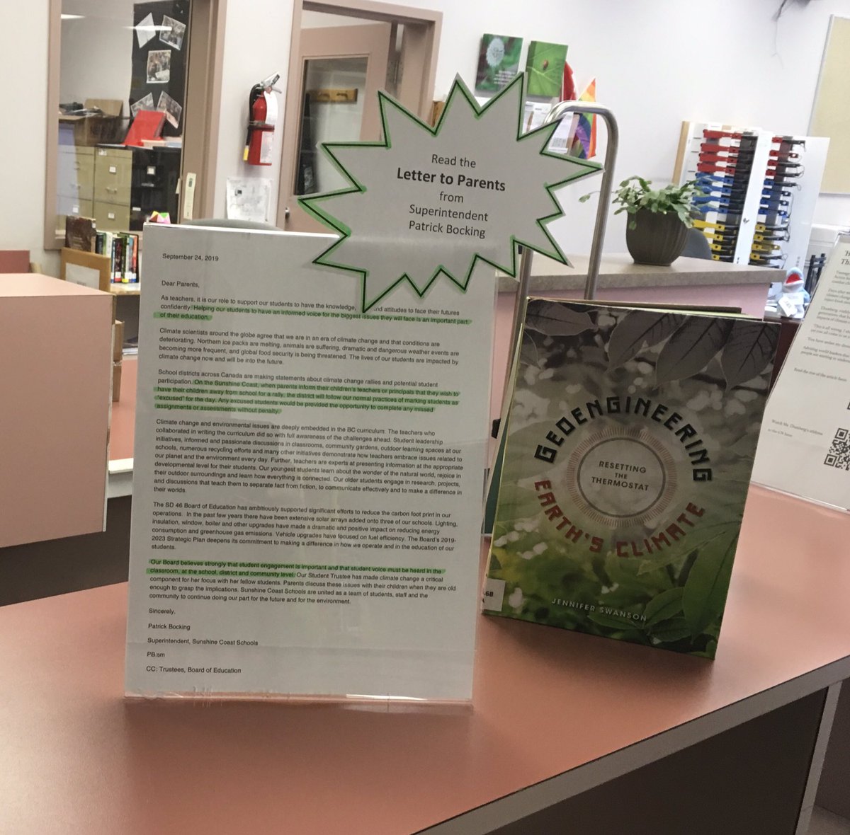Eagles46Library's tweet photo. Helping CSS students focus on the facts of #ClimateScience.  Thanks to #SD46 for their leadership and JN Burnett library for the display inspiration https://t.co/Jd4cXIlCsU