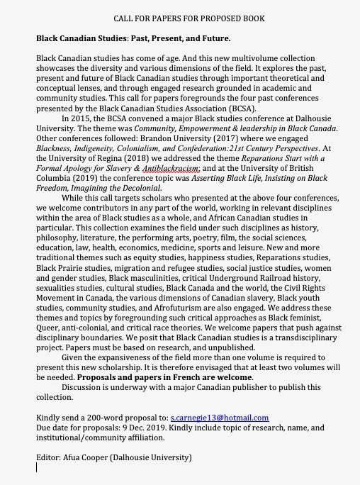 BlkCdnSA's tweet image. CFP: Black Canadian Studies: Past, Present, Future. Deadline: 9Dec2019