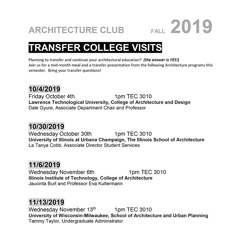 ArchitectureCod's tweet image. Trying to familiarize yourself with a few different Architecture transfer programs? Come to these presentations listed below to find a school for you.