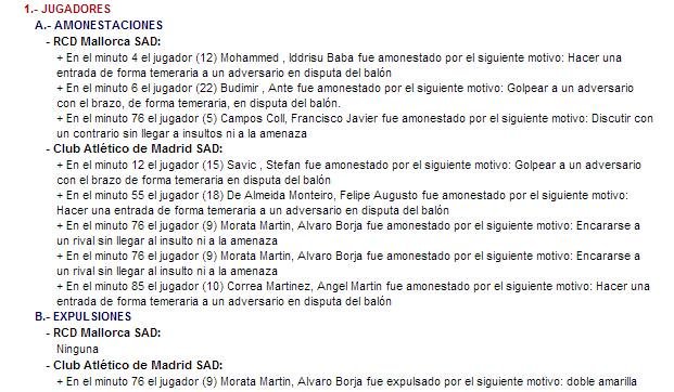 El acta arbitral sobre la expulsión a Morata.