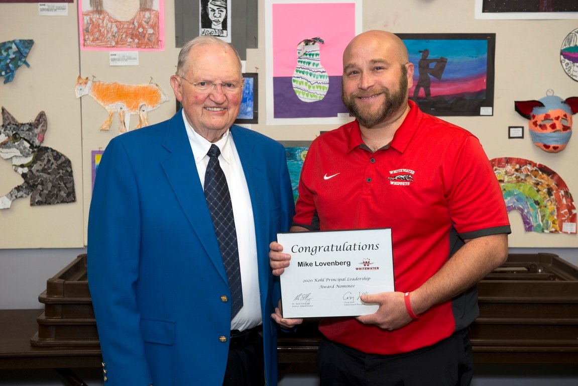 WUSD nominee for 2020 Outstanding Wisconsin Leadership Award. Jim Stewart, WUSD School Board Treasurer &amp; Mike Lovenberg, (Principal, Whitewater High School)