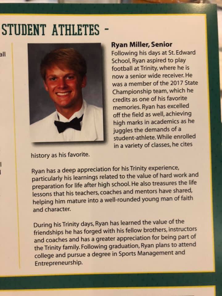 SEAMinfo's tweet photo. #StEdwardAlum Ryan Miller was featured at the 12th annual Salute to The Game Luncheon today in celebration of the St. X vs Trinity rivalry game this week. Ryan shared his experience as a student athlete. He is a senior WR for @GoRocks   
Good luck on Friday Ryan! #stedwardbraves https://t.co/1O1ZIjUSzF