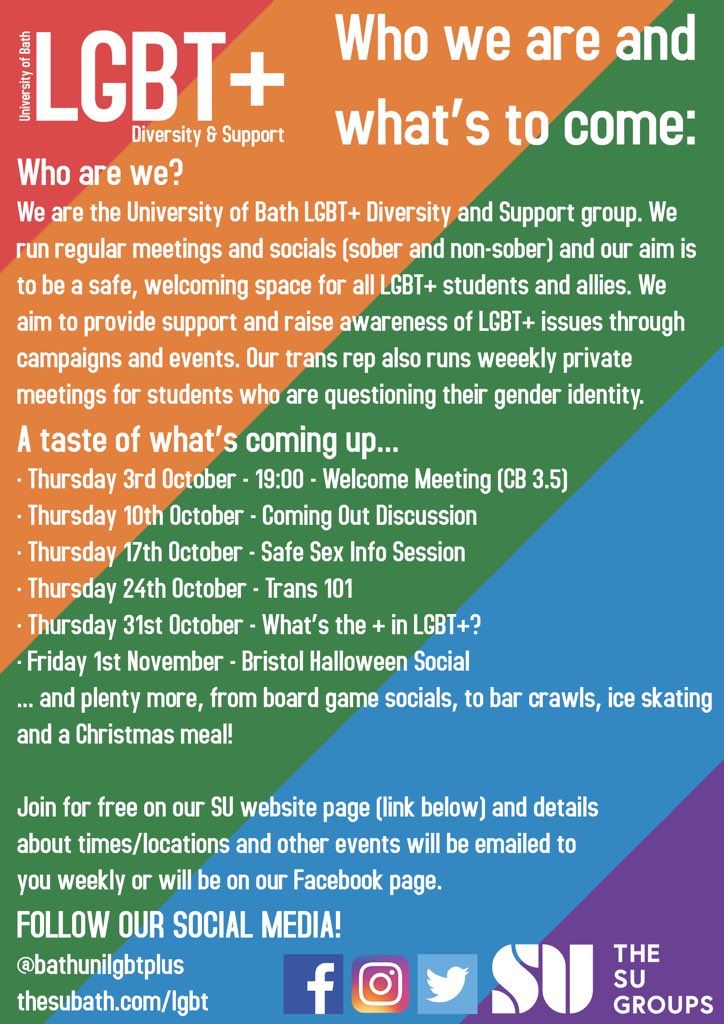 BathUniLGBTplus's tweet photo. We'll be in the SU tomorrow (Thursday) from 11am-4pm! Come and grab a flyer, mini flag and badge! #BathFW19 #BathFreshers @BackstageTS https://t.co/fHTfp9tAnr