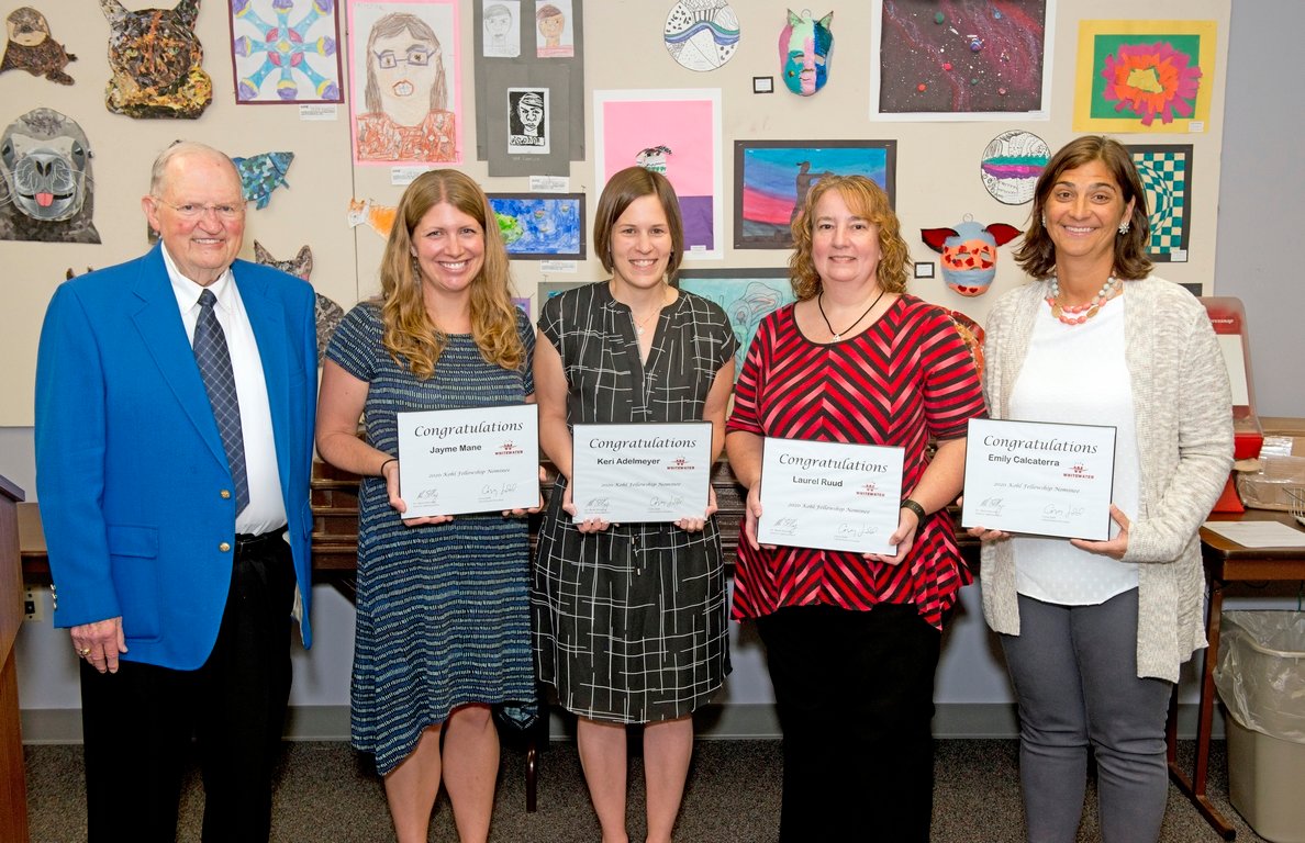 Congratulations to this year's Kohl nominees. L = Jim Stewart, WUSD School Board Treasurer, Jayme Mane (Lakeview Elementary School), Keri Adelmeyer (Lincoln Elementary School), Laurel Rudd (WHS), Emily Calcaterra (Washington Elementary School)  Not in photo:  Joanie McGowan (WMS)
