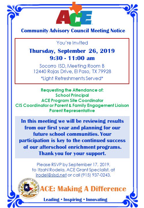 TEXAS ACE (@ilara_ci) on Twitter photo SISD/YWCA Texas ACE Community Advisory Council meeting tomorrow. See you there T.E.A.M. Together everyone achieves more! #teamsisd <a href="/ywcaelpaso/">YWCA El Paso</a> <a href="/SISD_CI/">LUCIA BORREGO - SISD CHIEF ACADEMIC OFFICER</a> SISD/YWCA Texas ACE Community Advisory Council meeting tomorrow. See you there T.E.A.M. Together everyone achieves more! #teamsisd <a href="/ywcaelpaso/">YWCA El Paso</a> <a href="/SISD_CI/">LUCIA BORREGO - SISD CHIEF ACADEMIC OFFICER</a>