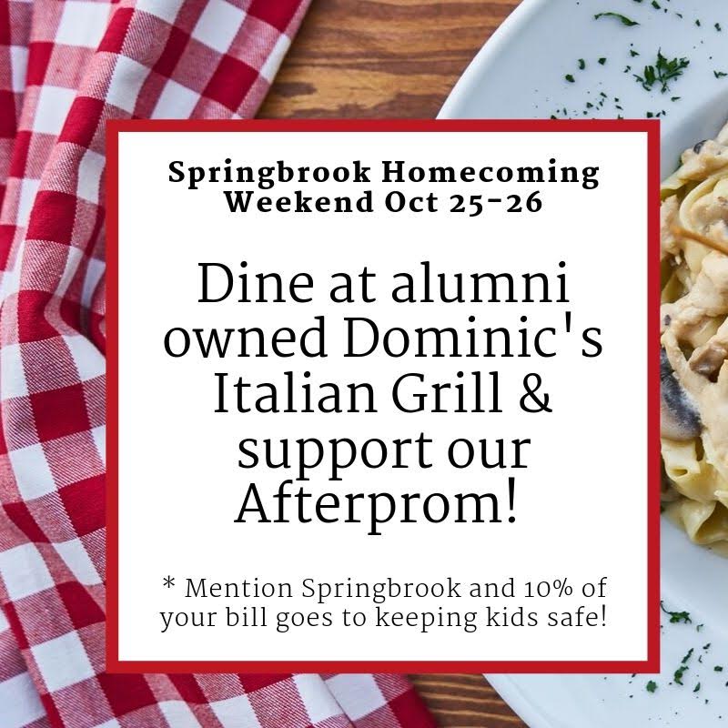 SBHSAfterProm's tweet photo. Take your date to Dominic's Italian Grill before the game or the dance (mention @Springbrook_HS) and 10% of your bill will support #AfterProm2020 giving teens a fun/safe place to hang all night after the prom! @SpringbrookSGA @SPRINGBROOKBLUE @BlueprintPress https://t.co/i7t7JcsNZh