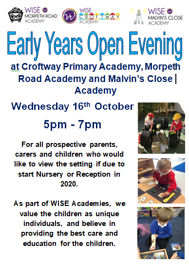 MRAMissDunn's tweet photo. EYFS Open Evening at Croftway, Malvins Close and Morpeth Road Academy. For all prospective parents and children who would like to view the setting if  due to start nursery or reception in 2020. Wednesday 16th October 5pm-7pm. @WiseAcademies @MalvinsClose @CroftwayPrimary https://t.co/xM4lVDojB3