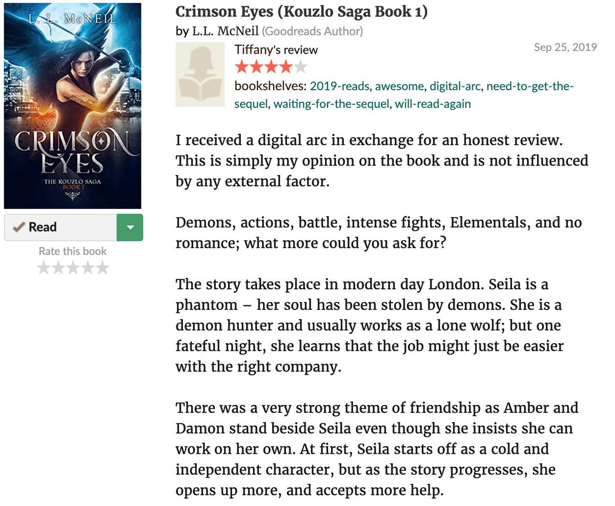 _LLMacRae's tweet image. A lovely 4-star #bookreview has dropped for #CrimsonEyes, the first book in my new YA Urban Fantasy series!

"Demons, actions, battle, intense fights, Elementals, and no romance; what more could you ask for?"

Read it in full on Goodreads: goodreads.com/review/show/29…

#amreading