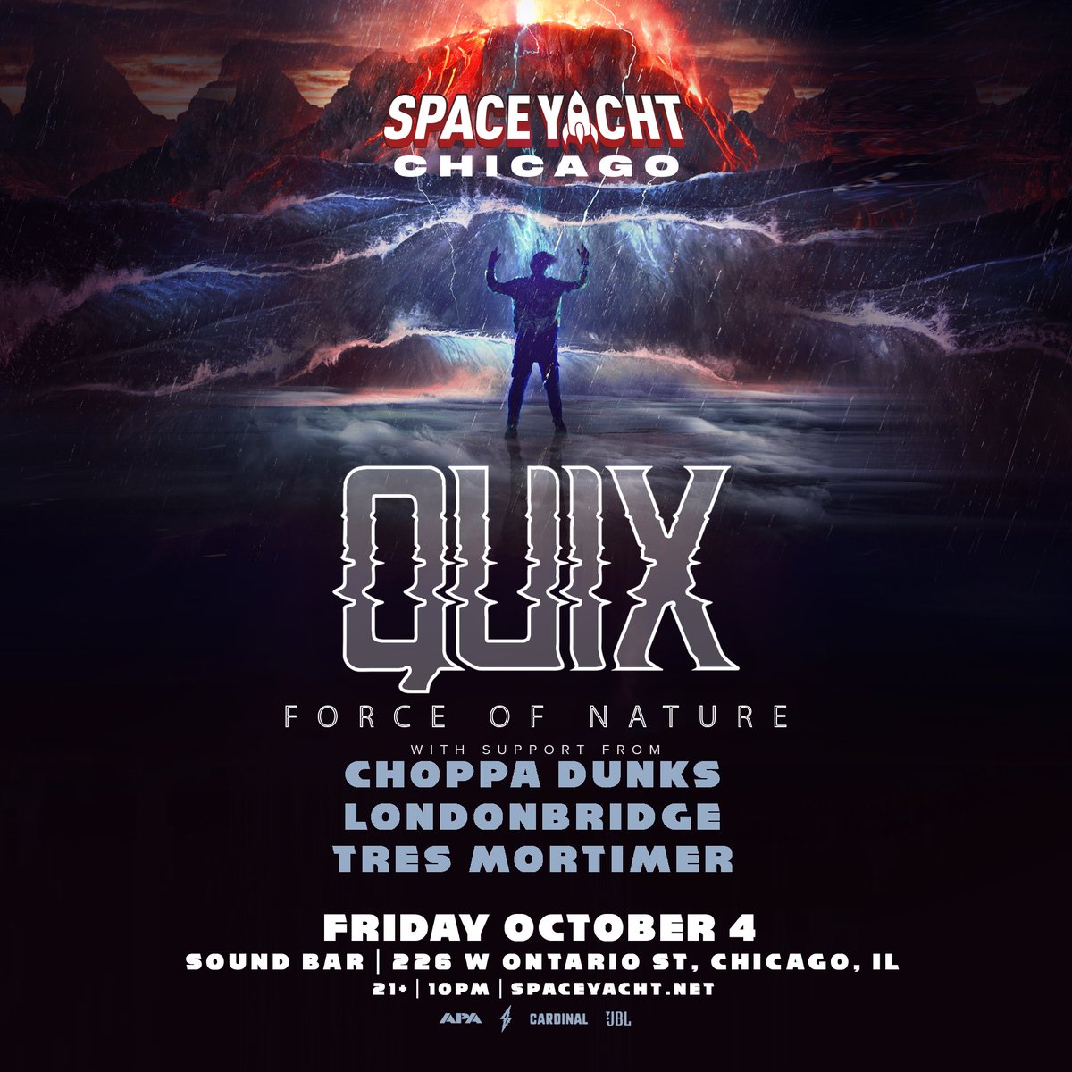 spaceyacht's tweet photo. CHICAGO: we are coming to your city on friday 10/4

QUIX
CHOPPA DUNKS
LONDONBRIDGE
TRES MORTIMER

we're opening up the stage for 2 local producer-DJs to join the lineup. simply RT, @ your top picks below, and update your bios!

https://t.co/tJQnRa0R4o https://t.co/9QKYhdn4Qi