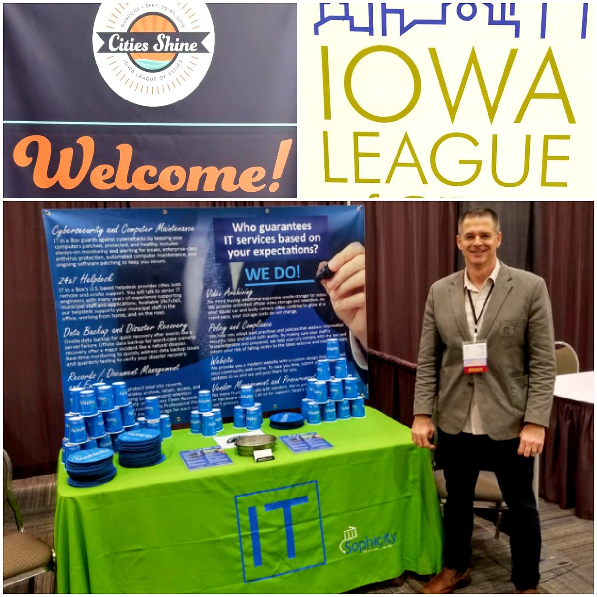 Sophicity's tweet photo. Dave is set up at the Iowa League's Annual Conference and looking forward to talking with #Cities from across #Iowa about all things #IT & #Cybersecurity -- @IowaLeague #ITinaBox https://t.co/GymKjkR34z