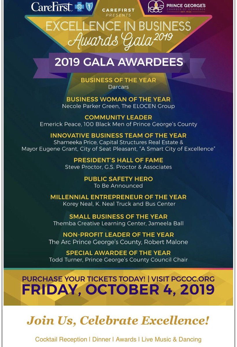 SeatPleasant1's tweet photo. Residents, purchase your tickets today for the 2019 Excellence in Business Gala Awards, presented by Care-first and Prince George’s Chamber of Commerce held on Friday, October 4, 2019. Purchase your tickets at https://t.co/xJA9QjkuCC.
#PGCOC #Gala #PG #SeatPleasant #SmartCity https://t.co/lAgfvwCRyu